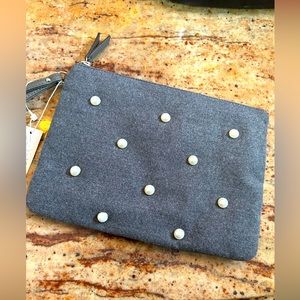 Ny&Co New Wristlet Pearl Accents Gray Wool Material Zipper Pouch